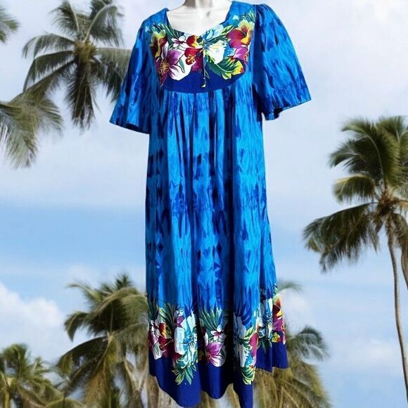 Vintage Desert Jems Cotton Blue Hibiscus Hawaiian Luau Muumuu Dress With Pockets - Picture 1 of 6